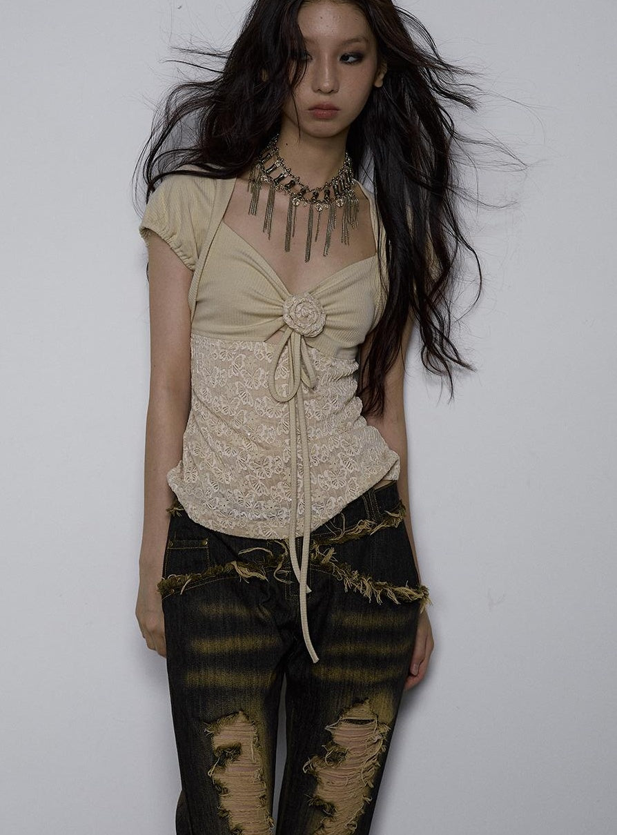 NO ROMANCE Vintage Pure Sexy Beaded Reversible Lace Knit Bubble Sleeve T-Shirt