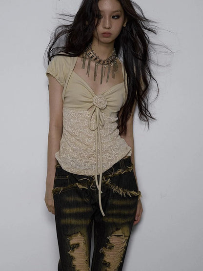 Vintage Pure Sexy Beaded Reversible Lace Knit Bubble Sleeve T-Shirt