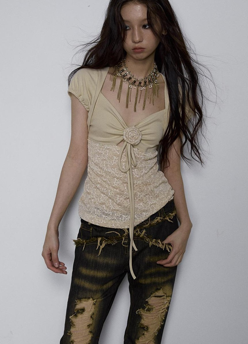 NO ROMANCE Vintage Pure Sexy Beaded Reversible Lace Knit Bubble Sleeve T-Shirt