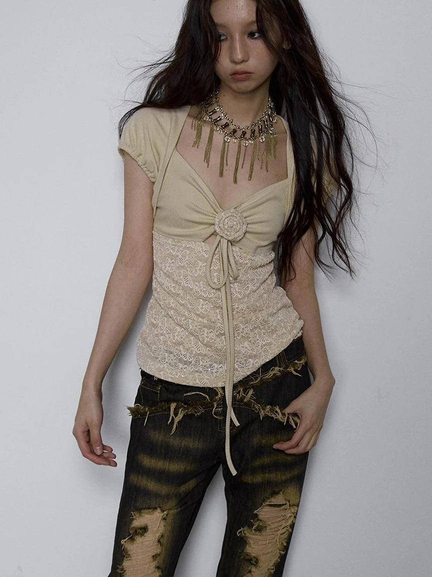 Vintage Pure Sexy Beaded Reversible Lace Knit Bubble Sleeve T-Shirt