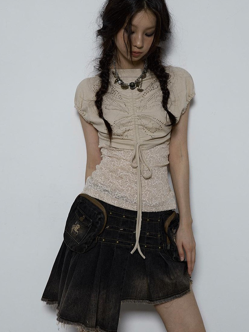 NO ROMANCE Vintage Pure Sexy Beaded Reversible Lace Knit Bubble Sleeve T-Shirt