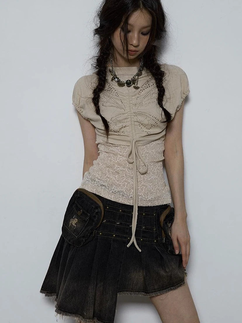 Vintage Pure Sexy Beaded Reversible Lace Knit Bubble Sleeve T-Shirt