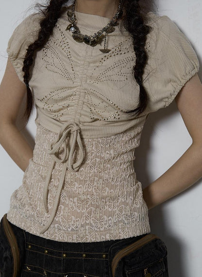NO ROMANCE Vintage Pure Sexy Beaded Reversible Lace Knit Bubble Sleeve T-Shirt