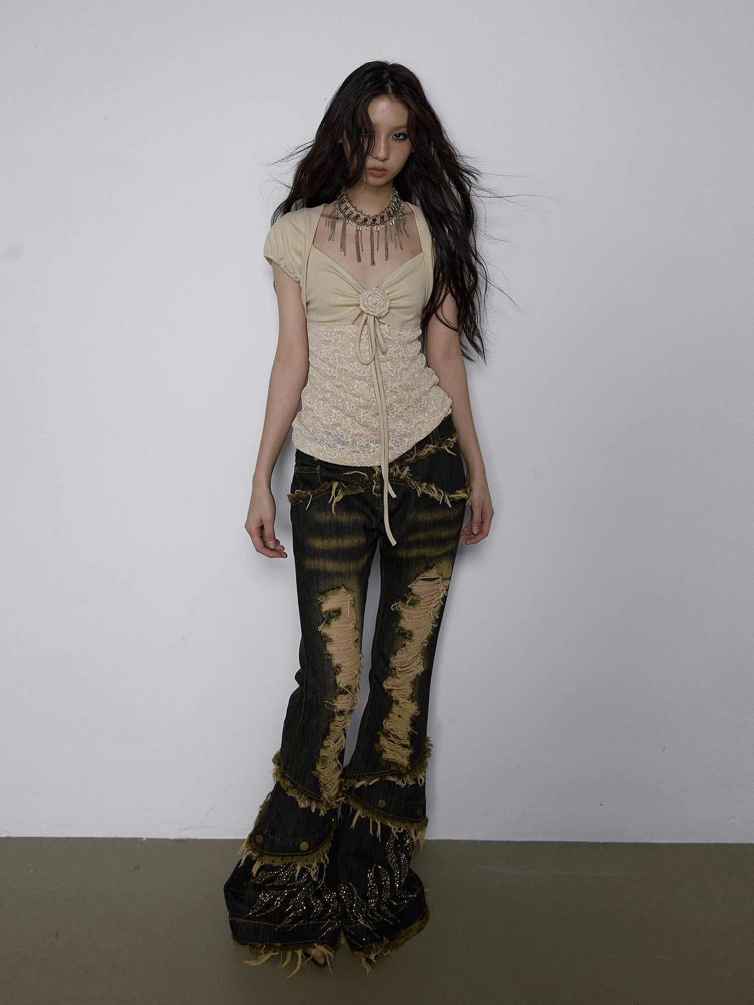 NO ROMANCE Vintage Pure Sexy Beaded Reversible Lace Knit Bubble Sleeve T-Shirt
