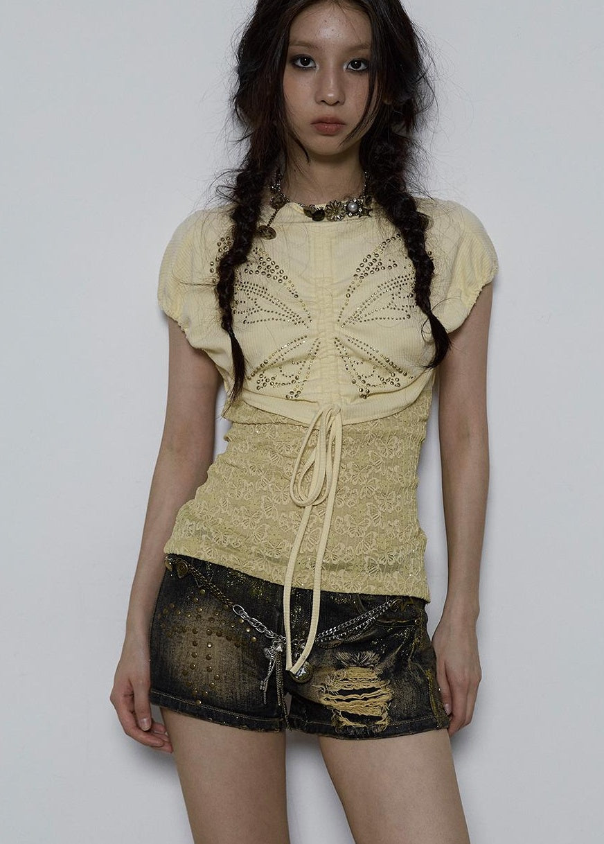 NO ROMANCE Vintage Pure Sexy Beaded Reversible Lace Knit Bubble Sleeve T-Shirt