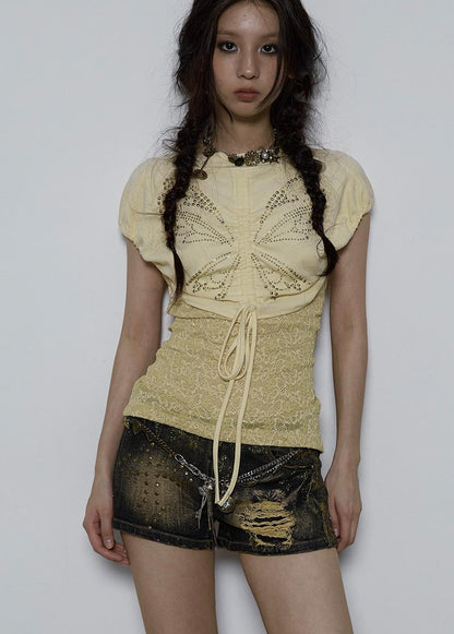 NO ROMANCE Vintage Pure Sexy Beaded Reversible Lace Knit Bubble Sleeve T-Shirt