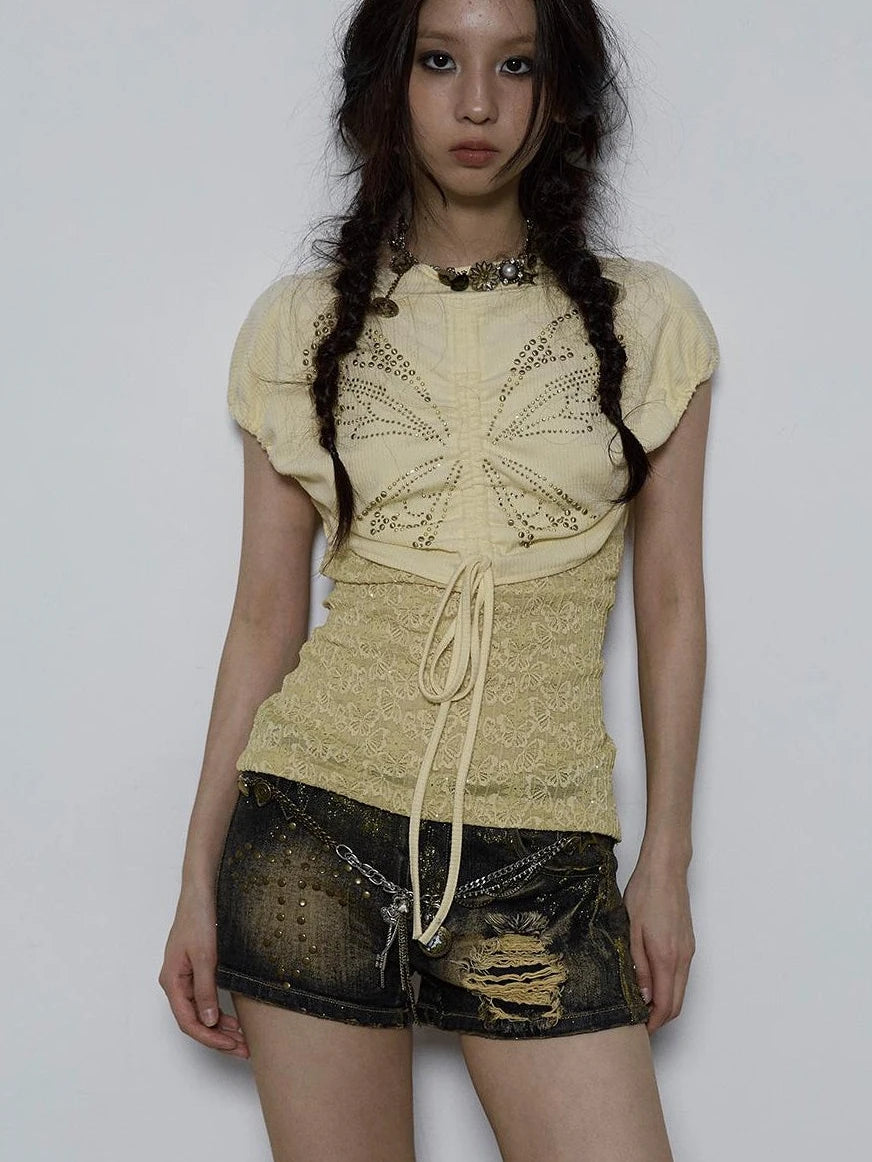 Vintage Pure Sexy Beaded Reversible Lace Knit Bubble Sleeve T-Shirt