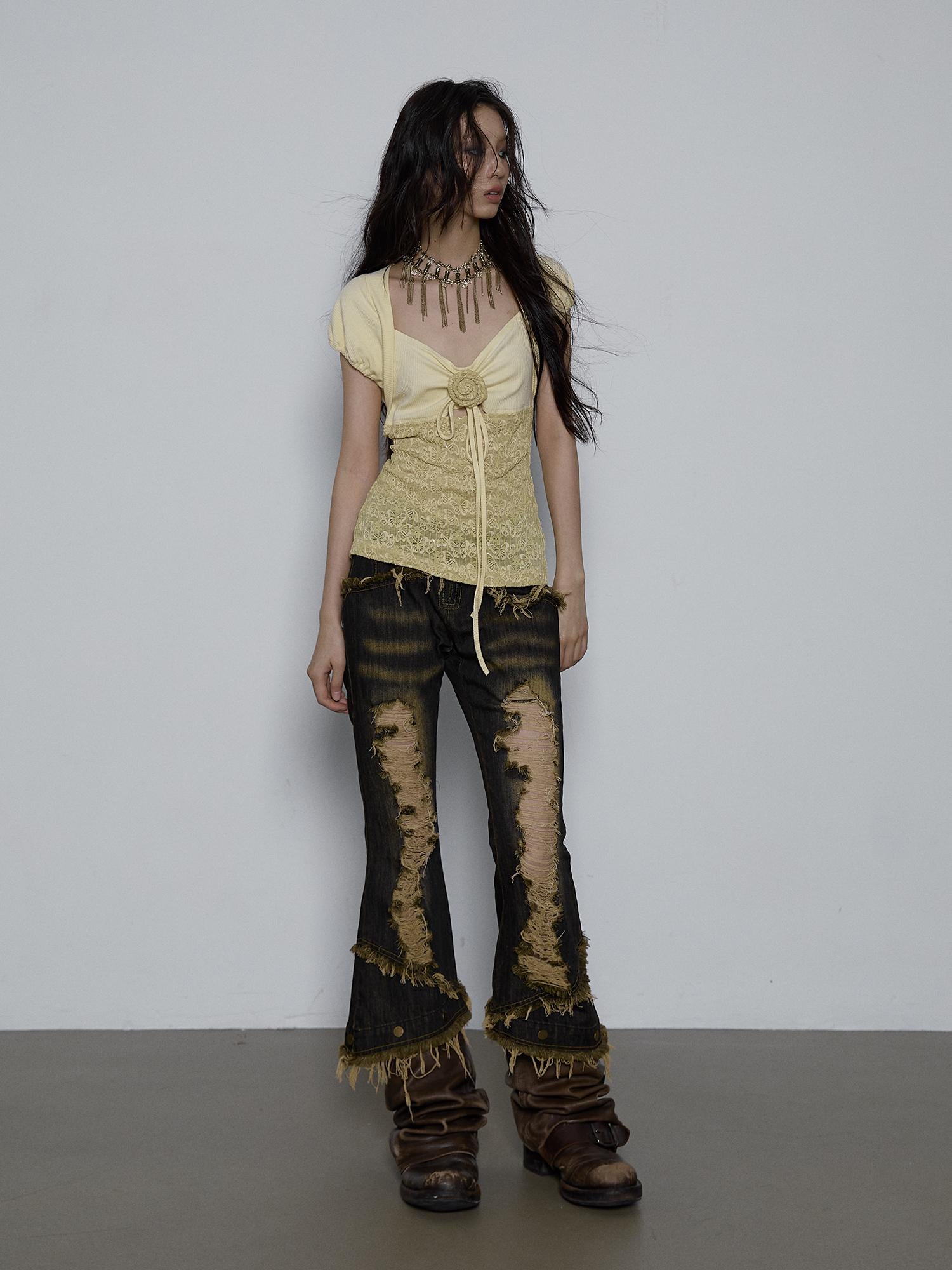 NO ROMANCE Vintage Pure Sexy Beaded Reversible Lace Knit Bubble Sleeve T-Shirt
