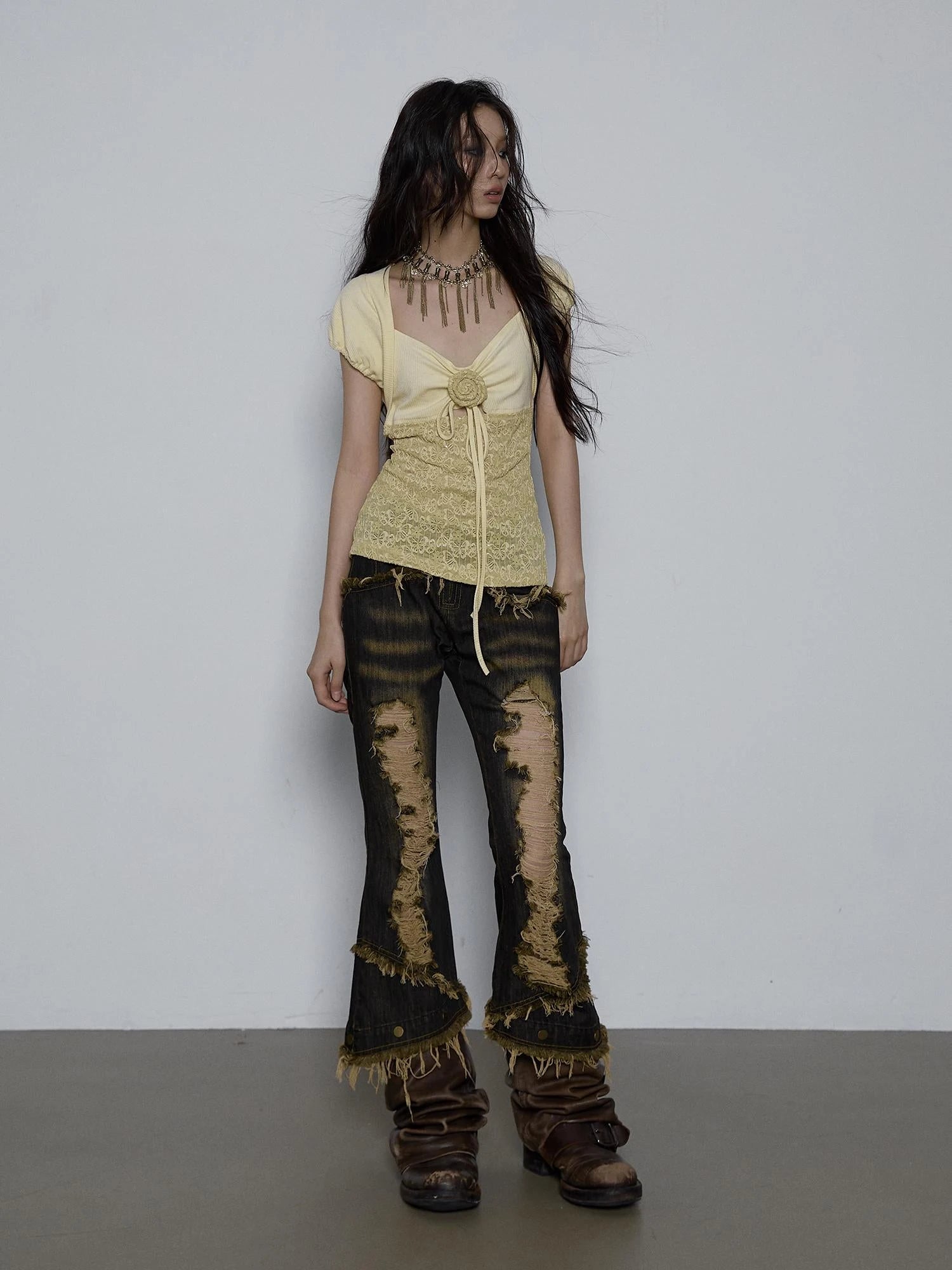 Vintage Pure Sexy Beaded Reversible Lace Knit Bubble Sleeve T-Shirt
