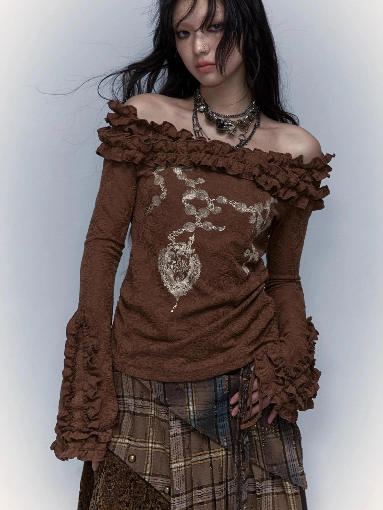 Vintage Reversible Off-Shoulder Bell Sleeve Knit T-Shirt