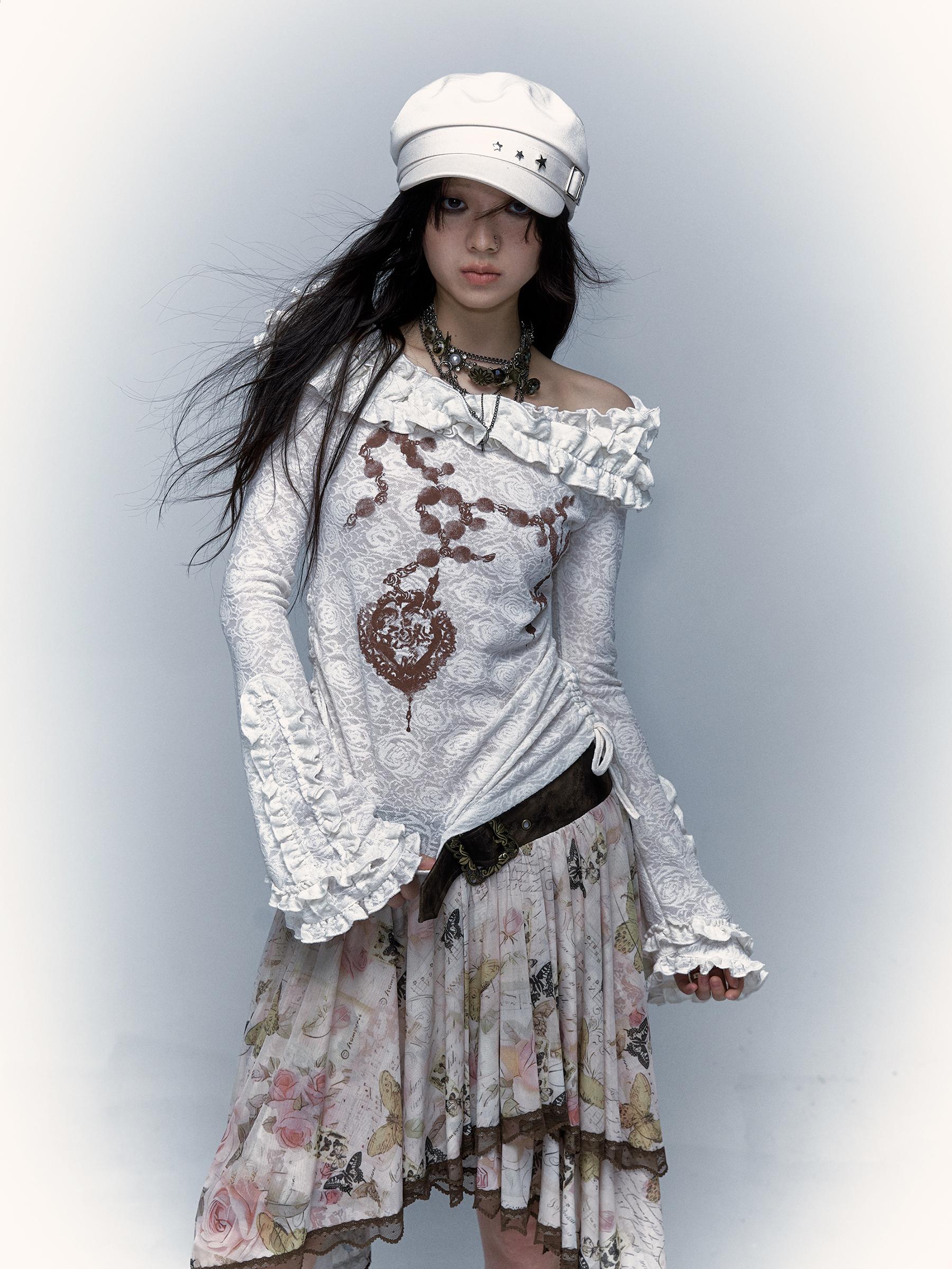 NO ROMANCE禁忌浪漫 Vintage Reversible Off-Shoulder Bell Sleeve Knit T-Shirt