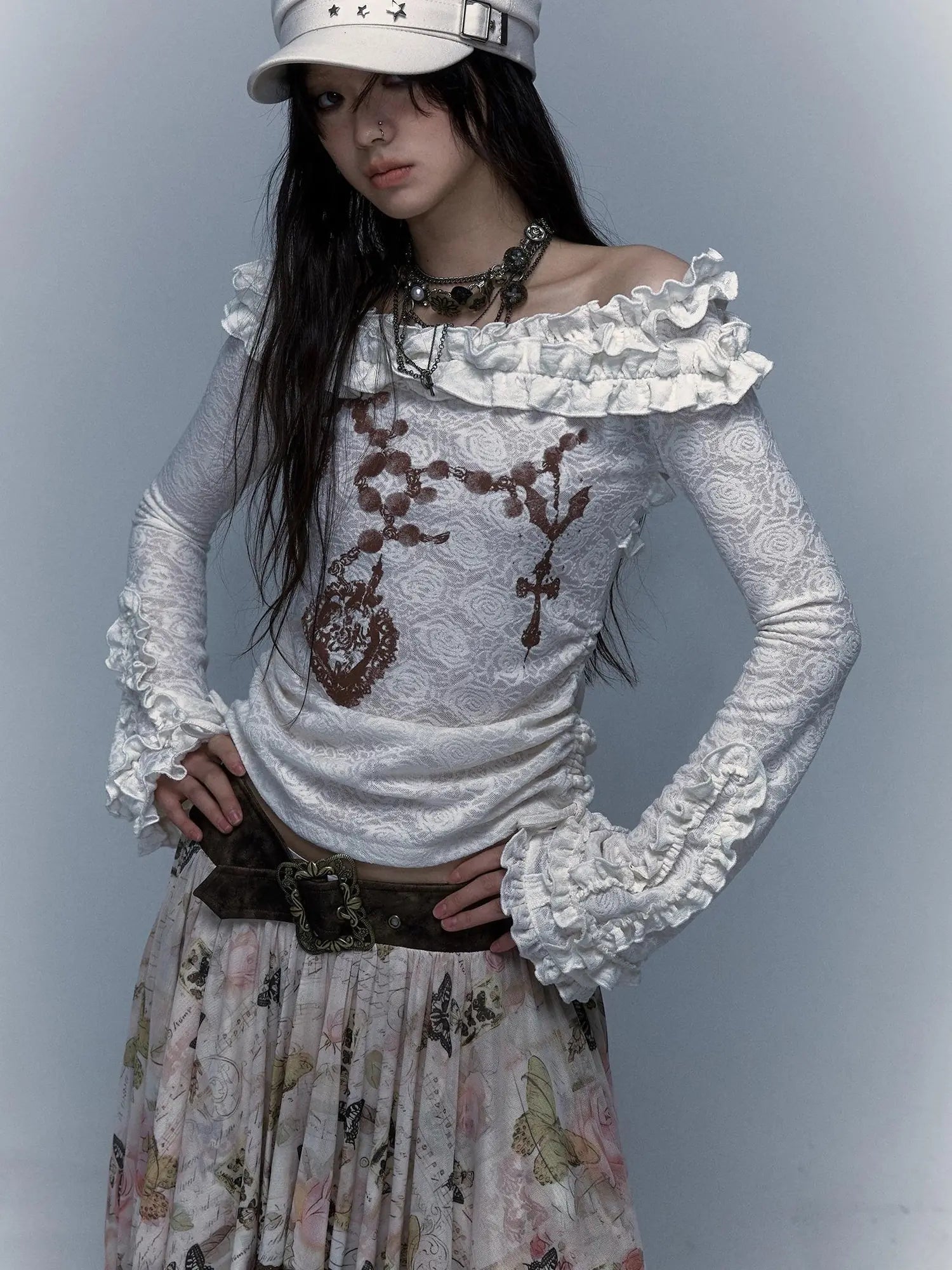 Vintage Reversible Off-Shoulder Bell Sleeve Knit T-Shirt