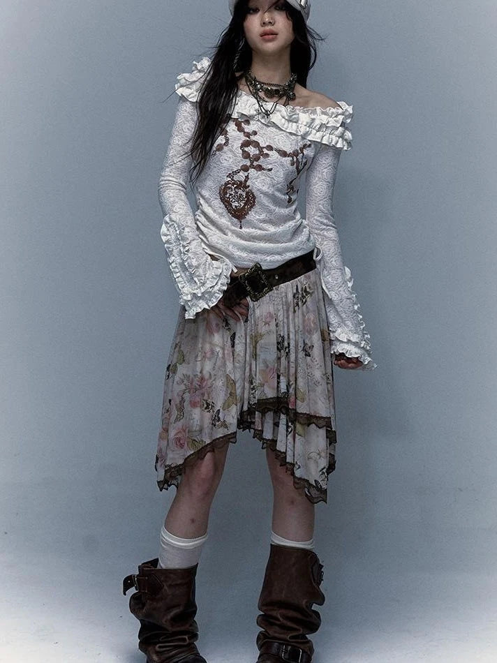 Vintage Reversible Off-Shoulder Bell Sleeve Knit T-Shirt