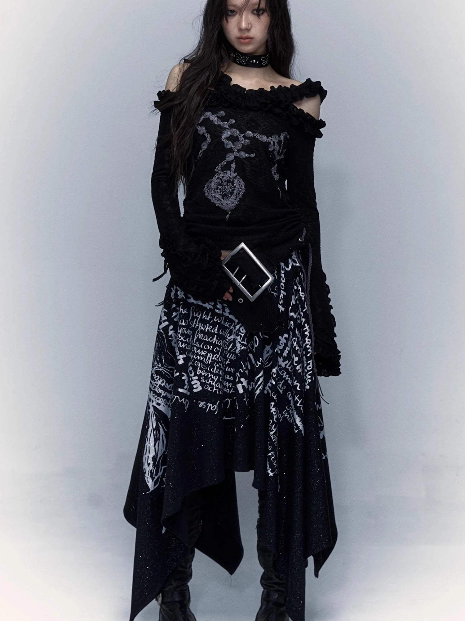 Vintage Reversible Off-Shoulder Bell Sleeve Knit T-Shirt