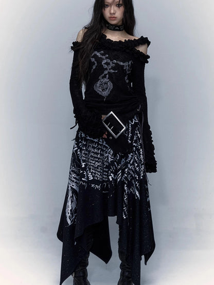 Vintage Reversible Off-Shoulder Bell Sleeve Knit T-Shirt