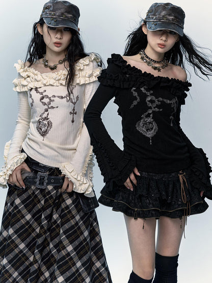 NO ROMANCE禁忌浪漫 Vintage Reversible Off-Shoulder Bell Sleeve Knit T-Shirt