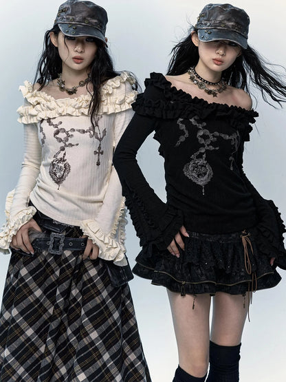 Vintage Reversible Off-Shoulder Bell Sleeve Knit T-Shirt