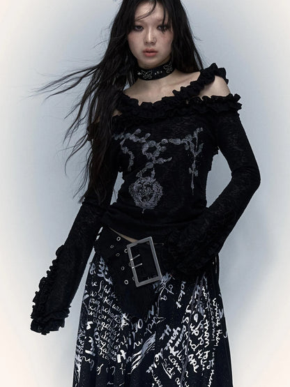 Vintage Reversible Off-Shoulder Bell Sleeve Knit T-Shirt
