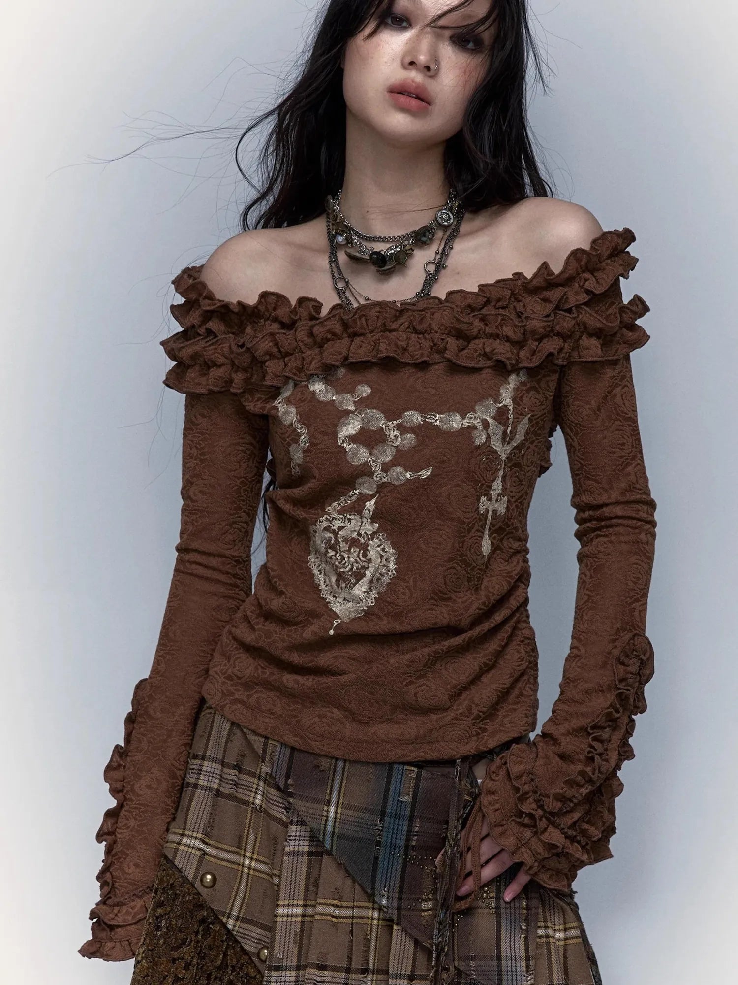 Vintage Reversible Off-Shoulder Bell Sleeve Knit T-Shirt