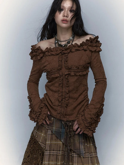 Vintage Reversible Off-Shoulder Bell Sleeve Knit T-Shirt