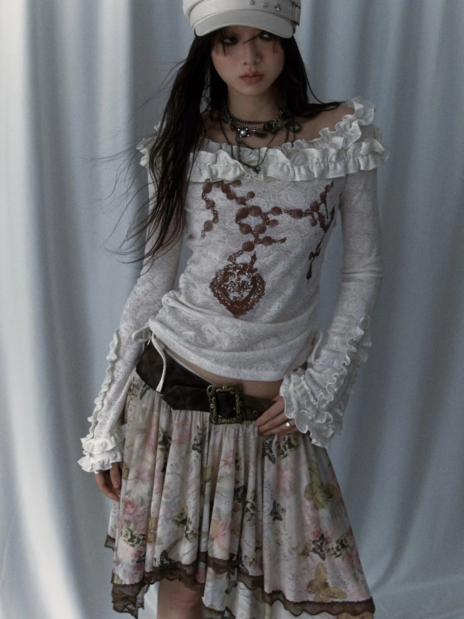Vintage Reversible Off-Shoulder Bell Sleeve Knit T-Shirt