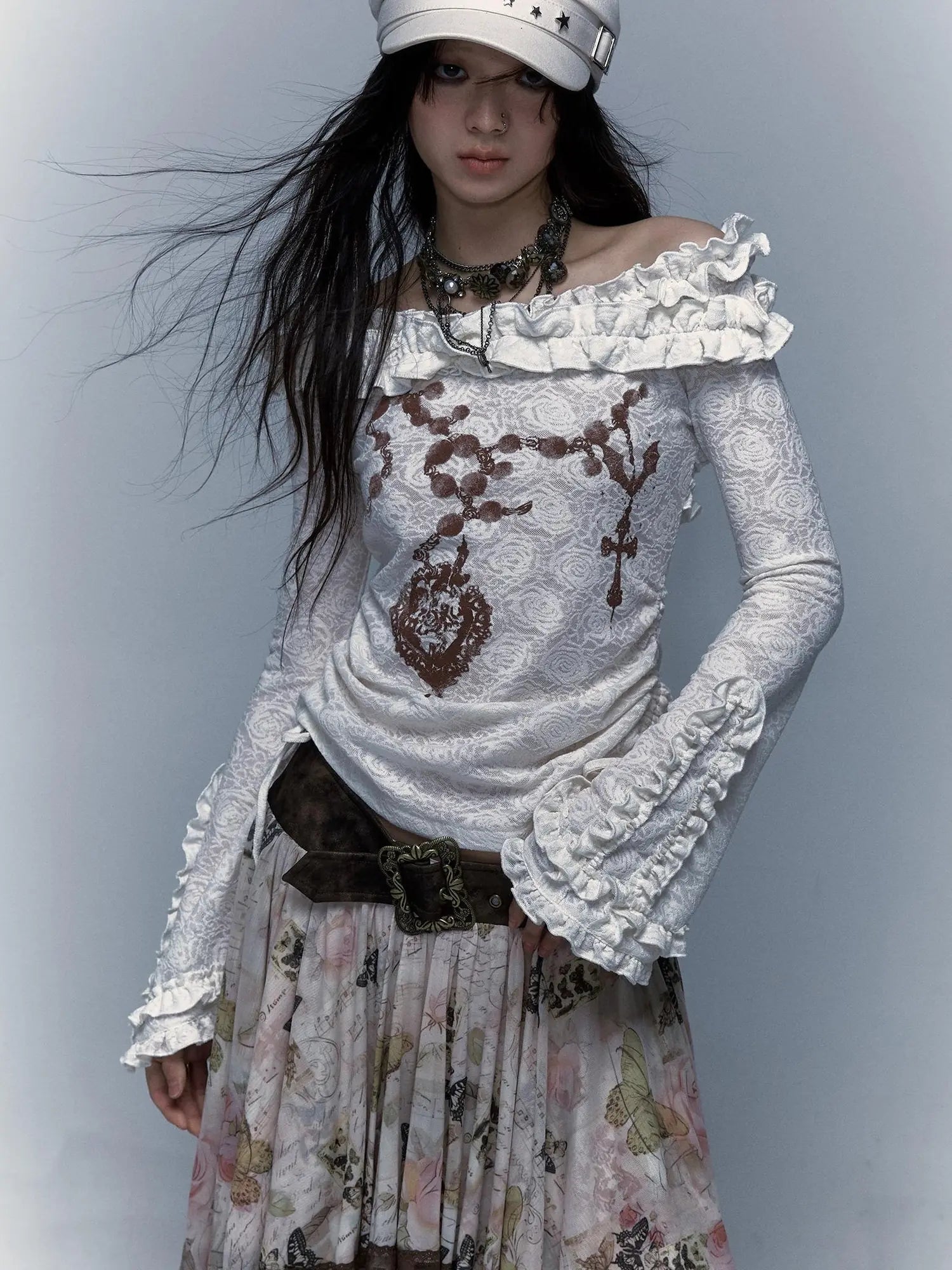 Vintage Reversible Off-Shoulder Bell Sleeve Knit T-Shirt