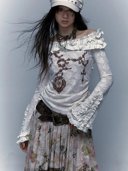 Vintage Reversible Off-Shoulder Bell Sleeve Knit T-Shirt