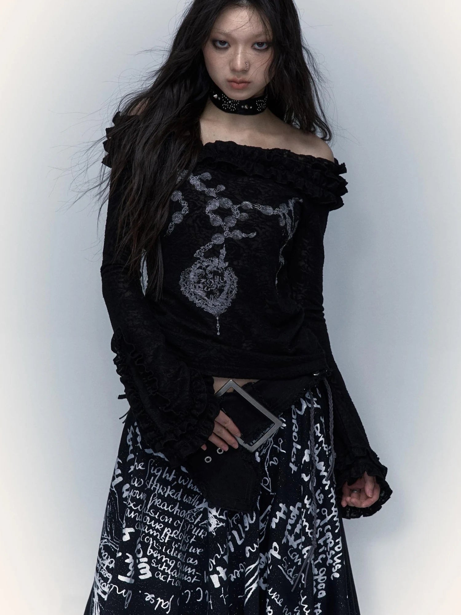 Vintage Reversible Off-Shoulder Bell Sleeve Knit T-Shirt