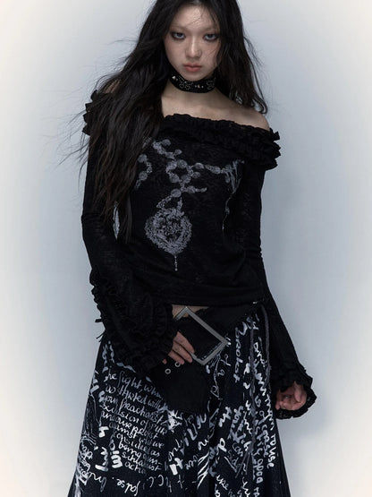Vintage Reversible Off-Shoulder Bell Sleeve Knit T-Shirt