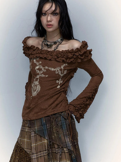 Vintage Reversible Off-Shoulder Bell Sleeve Knit T-Shirt