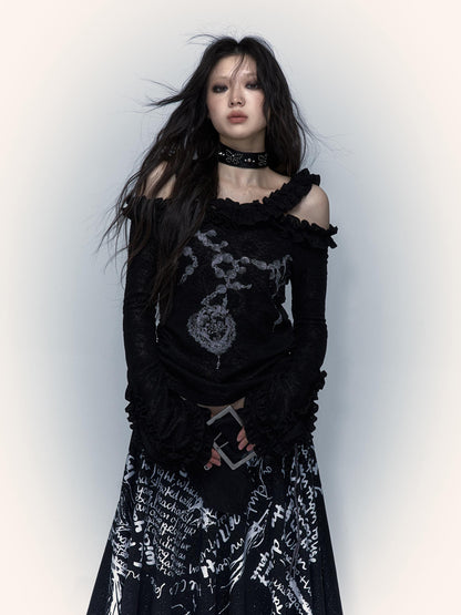 NO ROMANCE禁忌浪漫 Vintage Reversible Off-Shoulder Bell Sleeve Knit T-Shirt