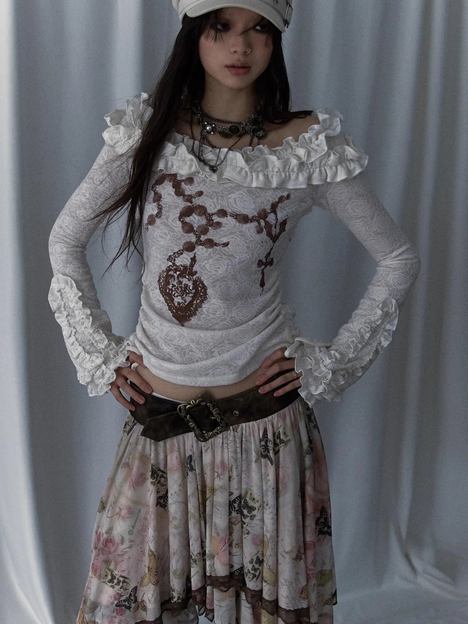 Vintage Reversible Off-Shoulder Bell Sleeve Knit T-Shirt