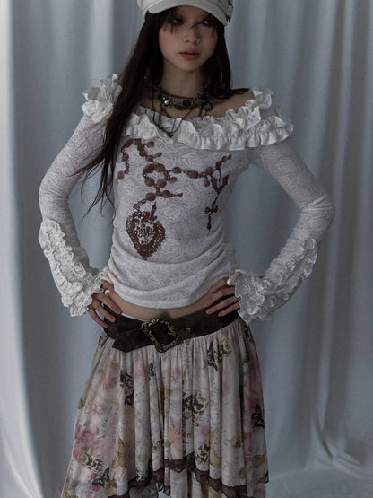 Vintage Reversible Off-Shoulder Bell Sleeve Knit T-Shirt