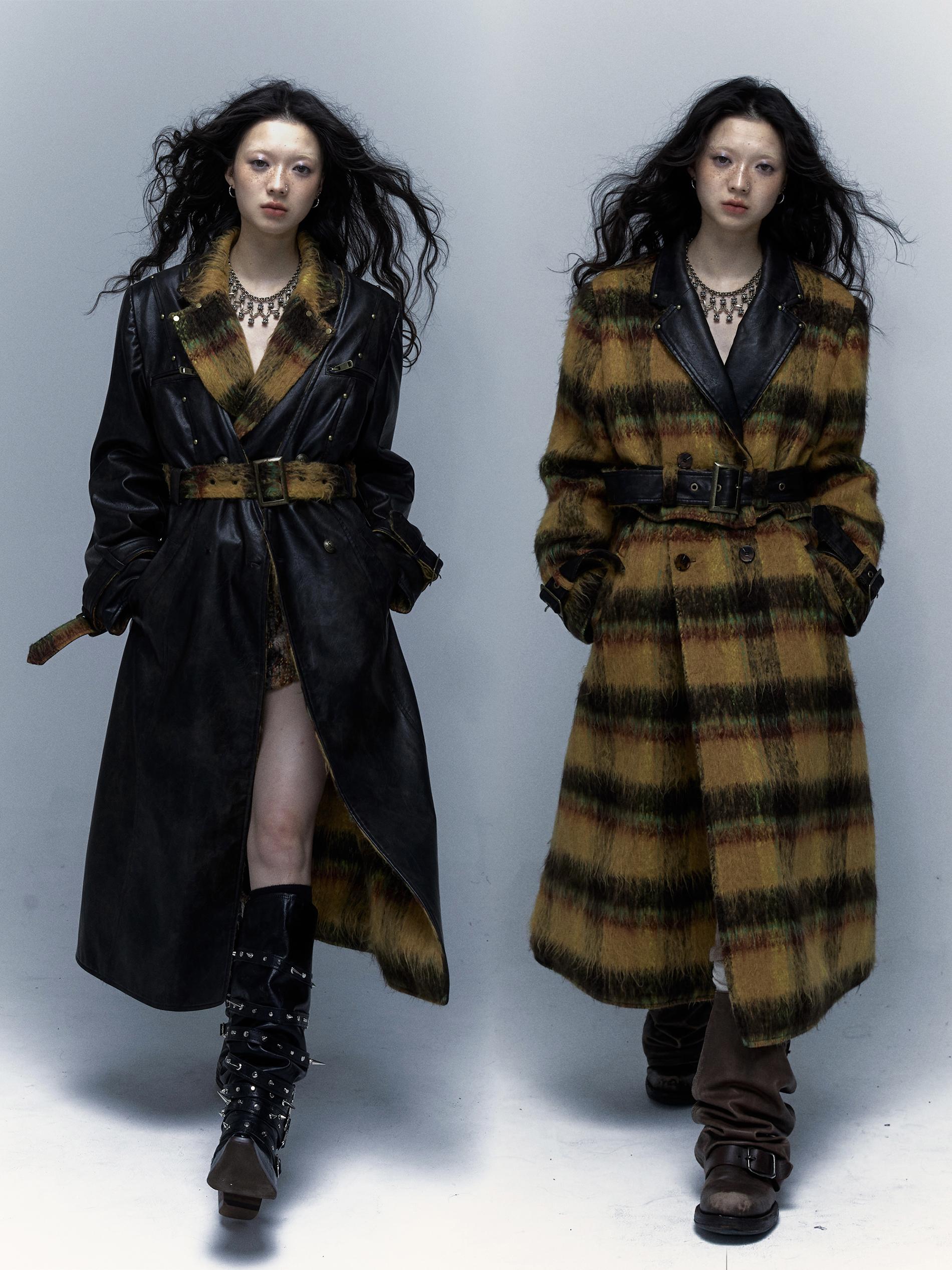 Vintage Reversible Plaid Leather Coat Long Wool Trench Coat