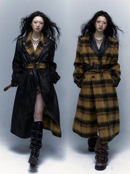 Vintage Reversible Plaid Leather Coat Long Wool Trench Coat