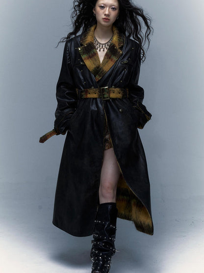 Vintage Reversible Plaid Leather Coat Long Wool Trench Coat