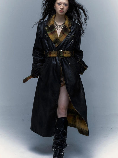 Vintage Reversible Plaid Leather Coat Long Wool Trench Coat