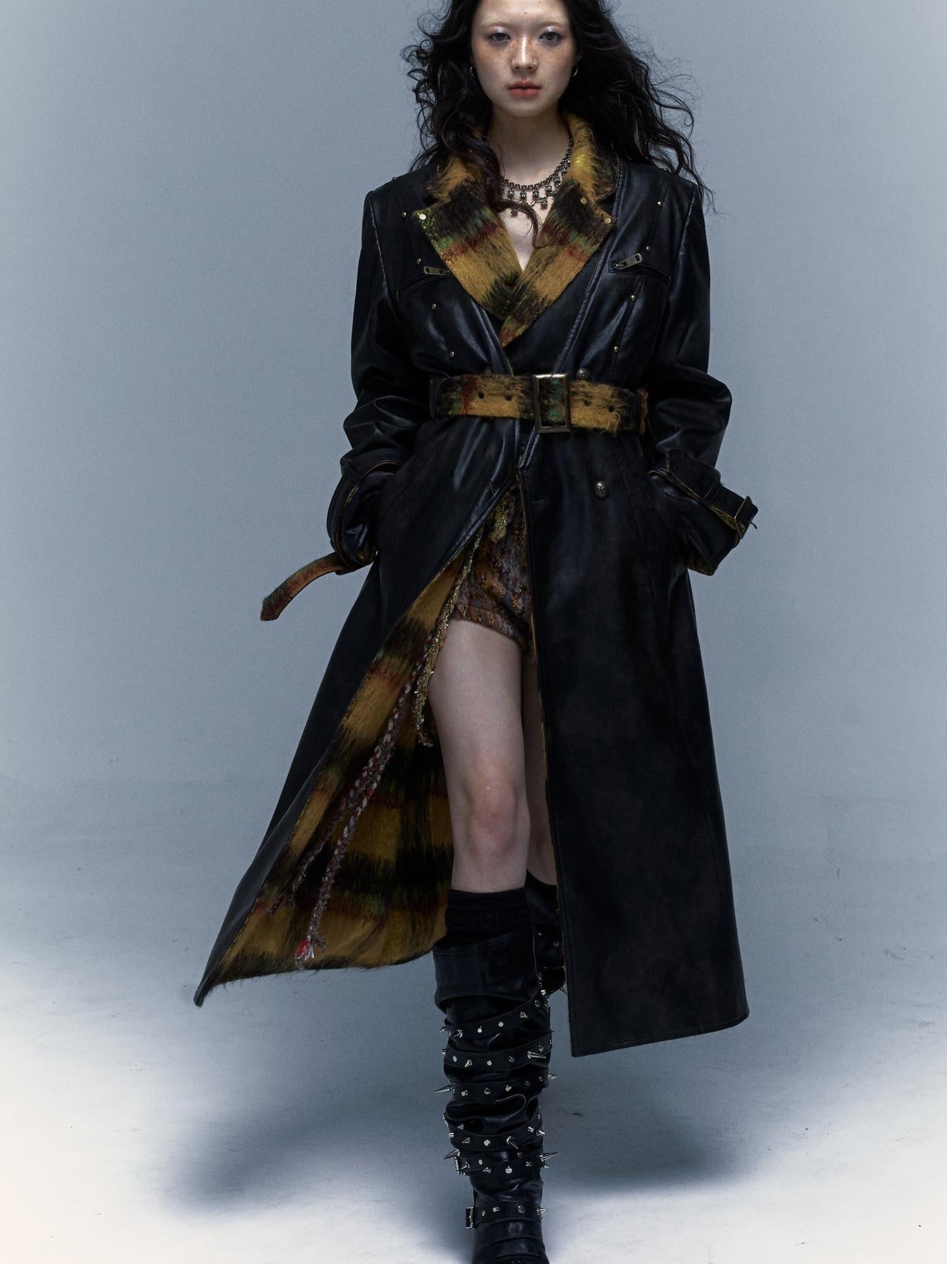 Vintage Reversible Plaid Leather Coat Long Wool Trench Coat