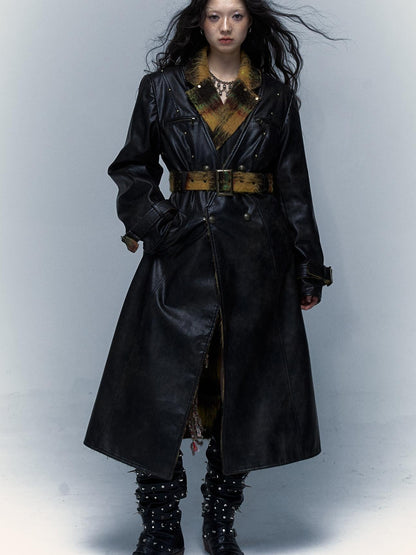 Vintage Reversible Plaid Leather Coat Long Wool Trench Coat
