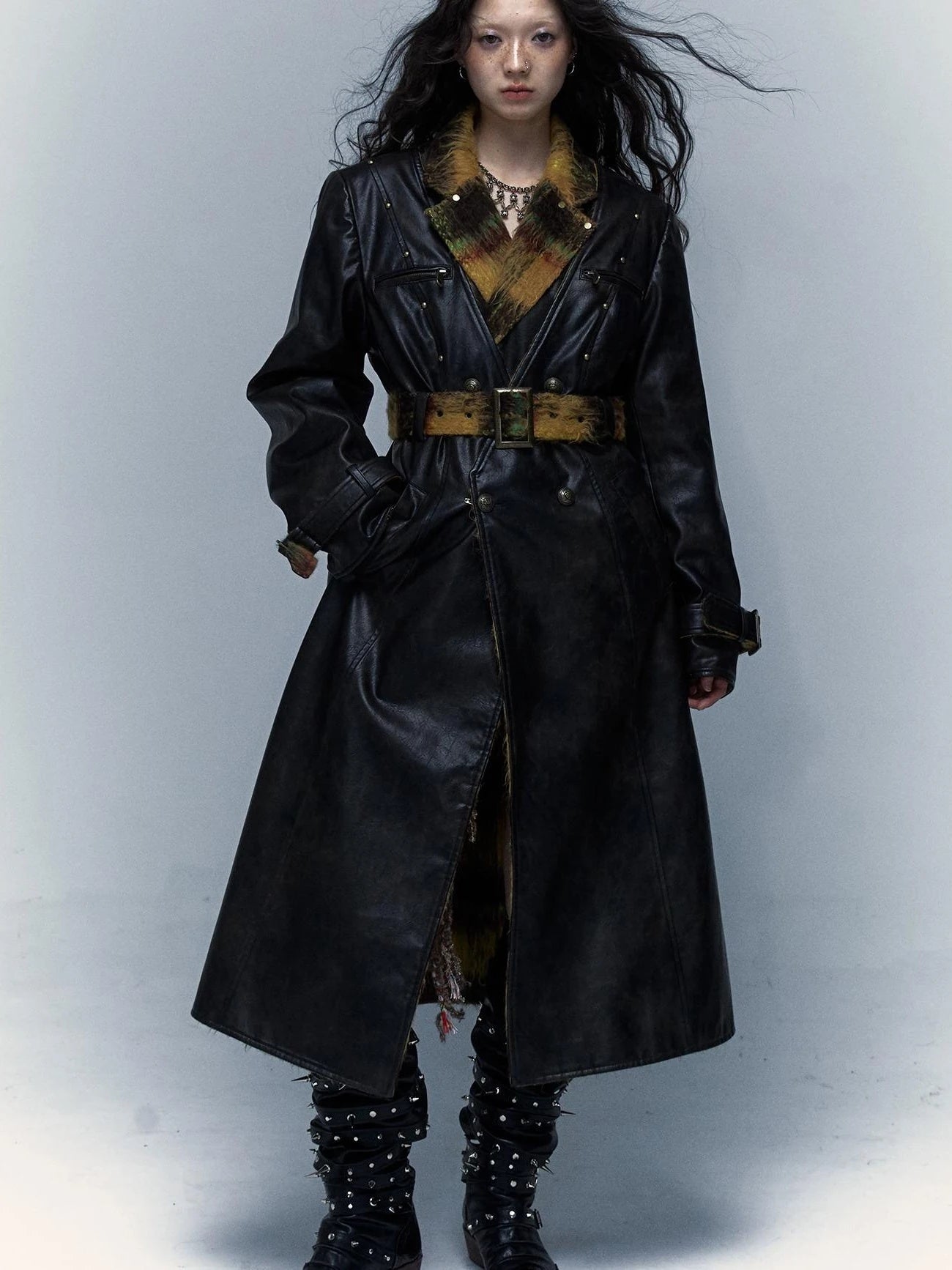 Vintage Reversible Plaid Leather Coat Long Wool Trench Coat
