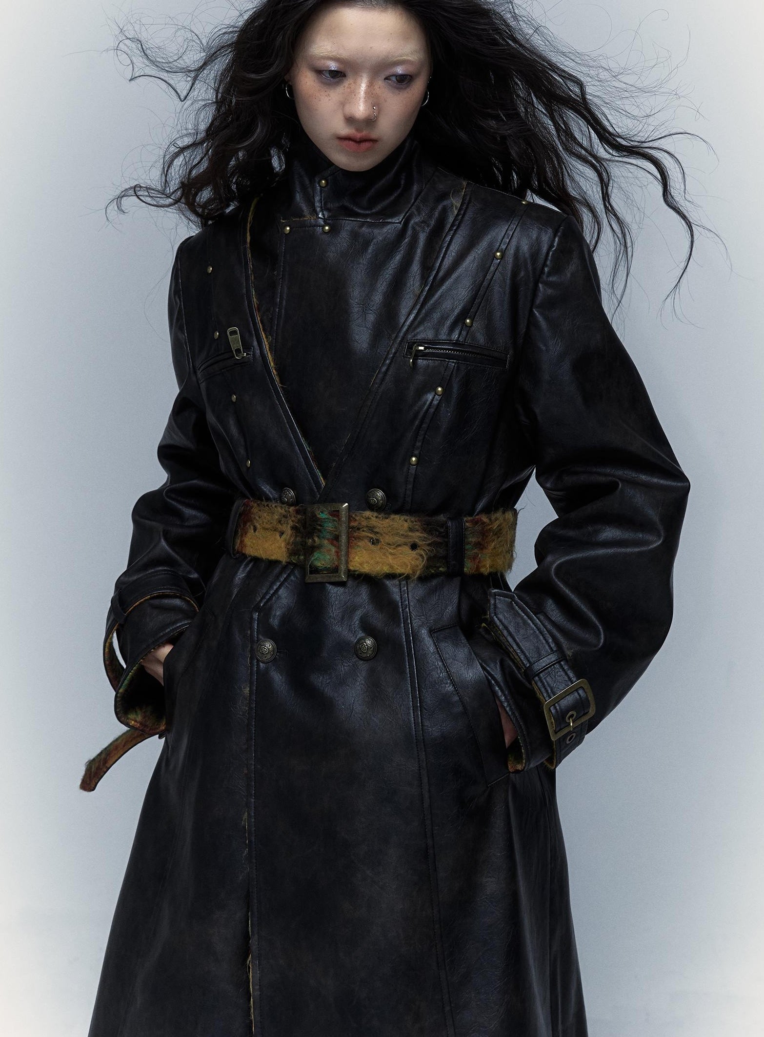 Vintage Reversible Plaid Leather Coat Long Wool Trench Coat