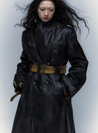 Vintage Reversible Plaid Leather Coat Long Wool Trench Coat
