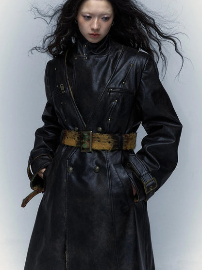 Vintage Reversible Plaid Leather Coat Long Wool Trench Coat
