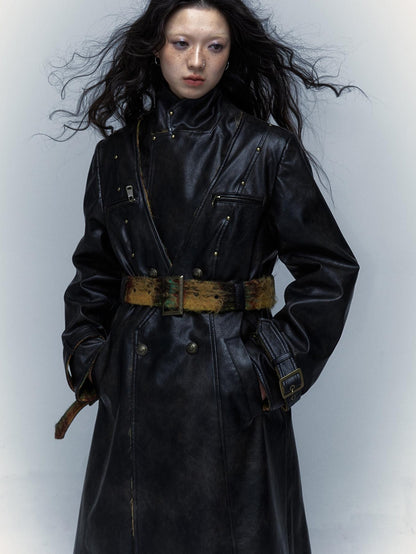 Vintage Reversible Plaid Leather Coat Long Wool Trench Coat