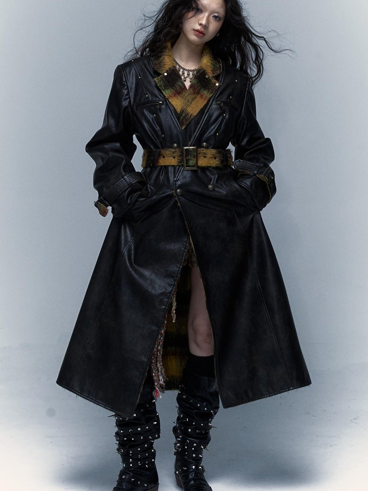 Vintage Reversible Plaid Leather Coat Long Wool Trench Coat