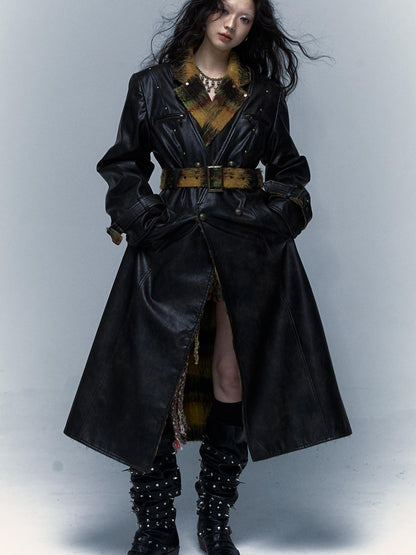 Vintage Reversible Plaid Leather Coat Long Wool Trench Coat