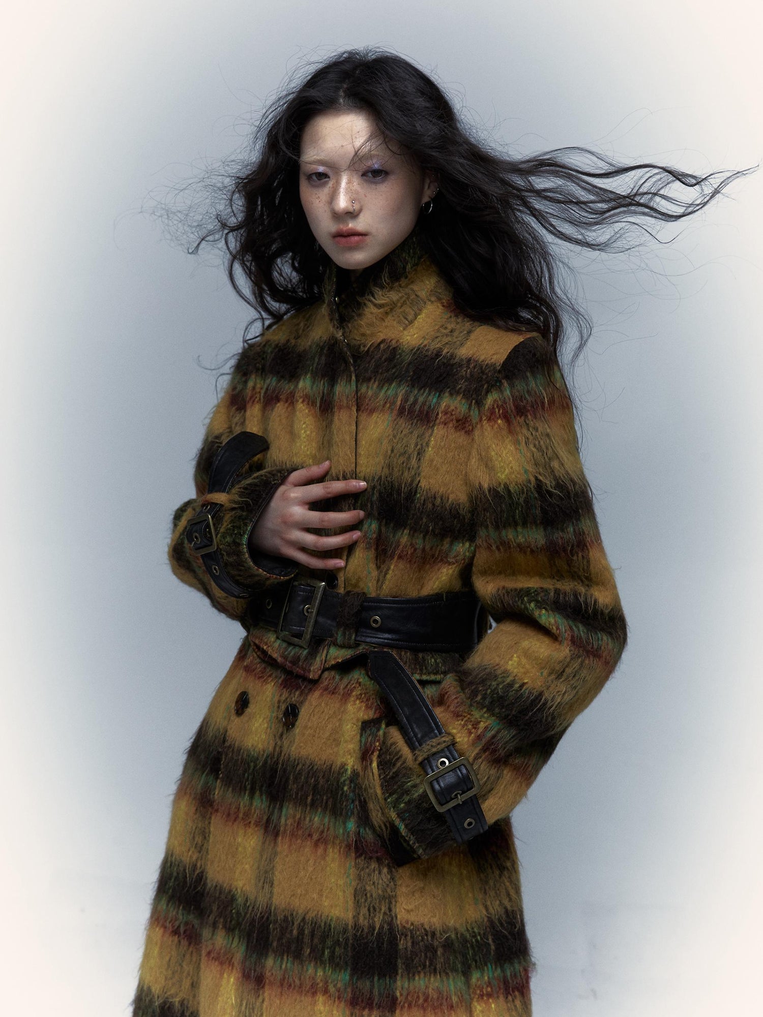 Vintage Reversible Plaid Leather Coat Long Wool Trench Coat
