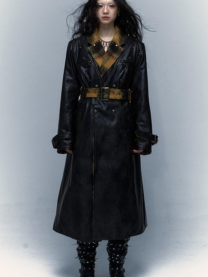 Vintage Reversible Plaid Leather Coat Long Wool Trench Coat