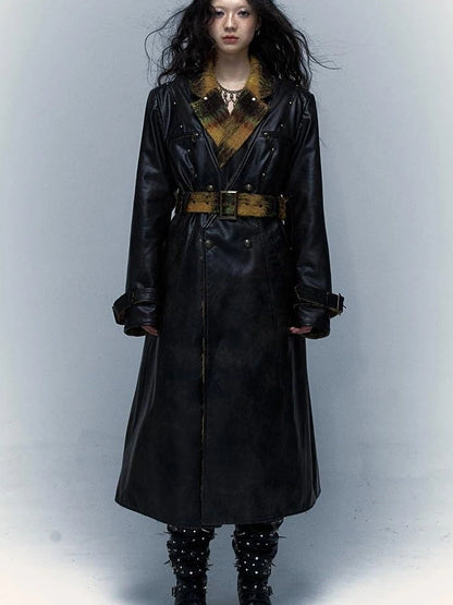 Vintage Reversible Plaid Leather Coat Long Wool Trench Coat