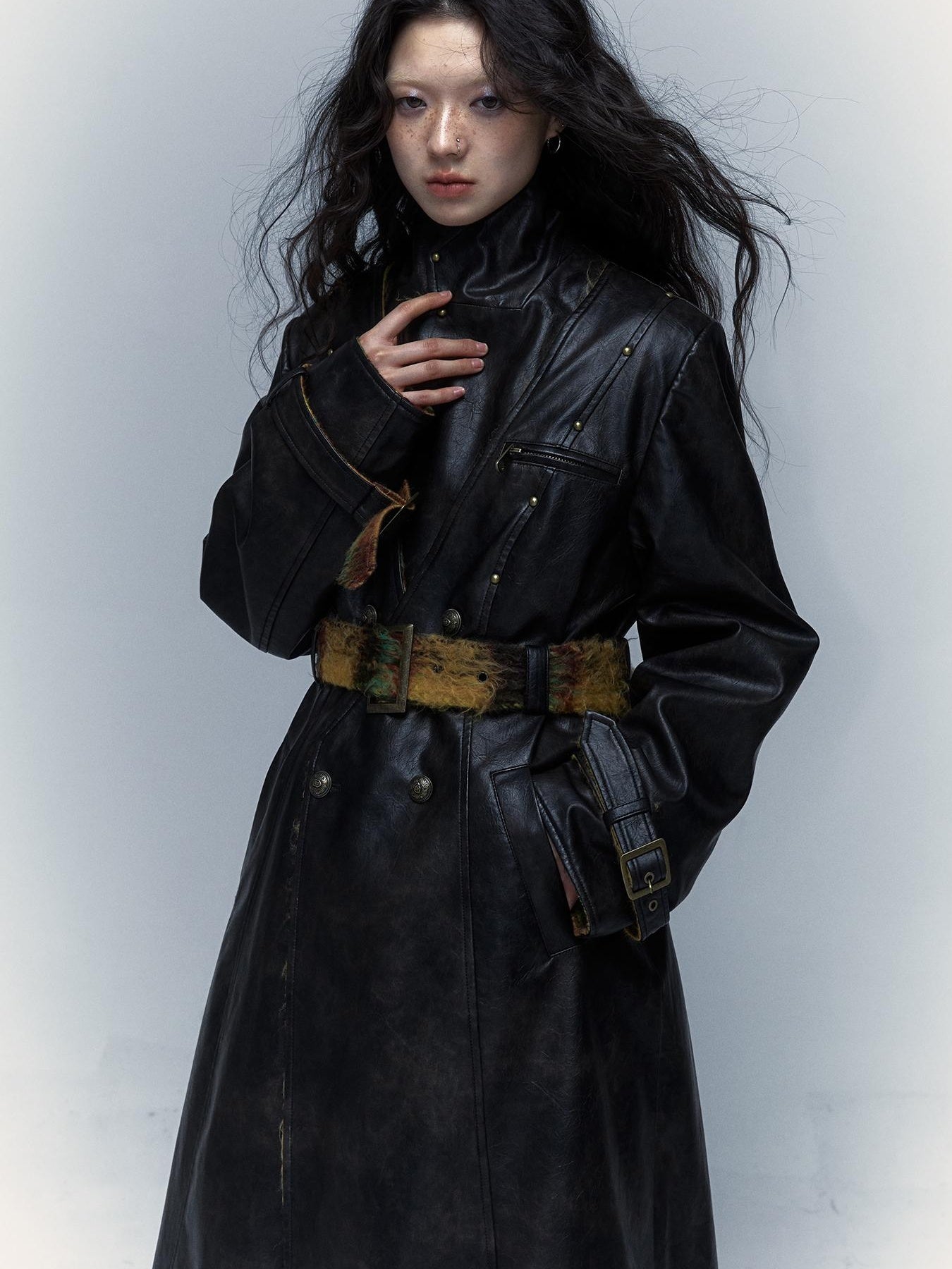 Vintage Reversible Plaid Leather Coat Long Wool Trench Coat